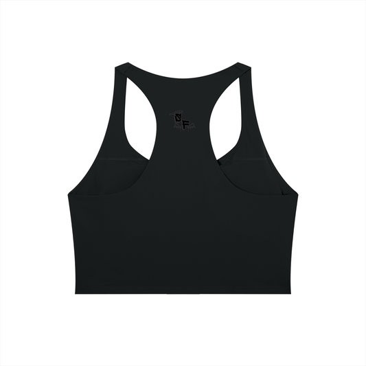 Black sports bra with a small logo on a white background