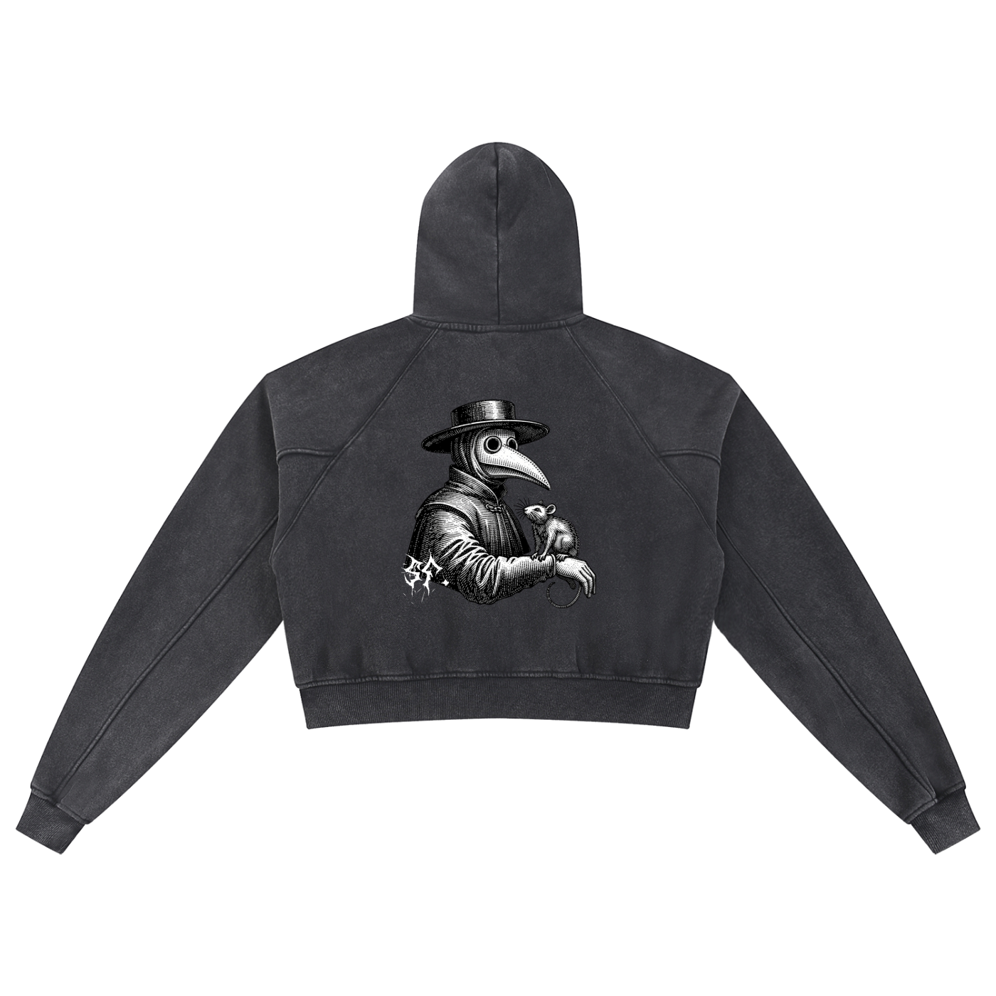Black hoodie with a graphic design on the back against a white background