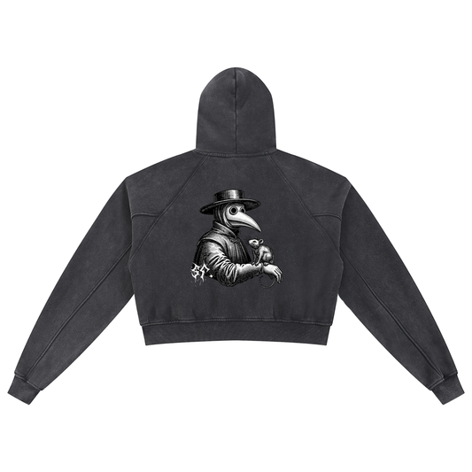 Black hoodie with a graphic design on the back against a white background