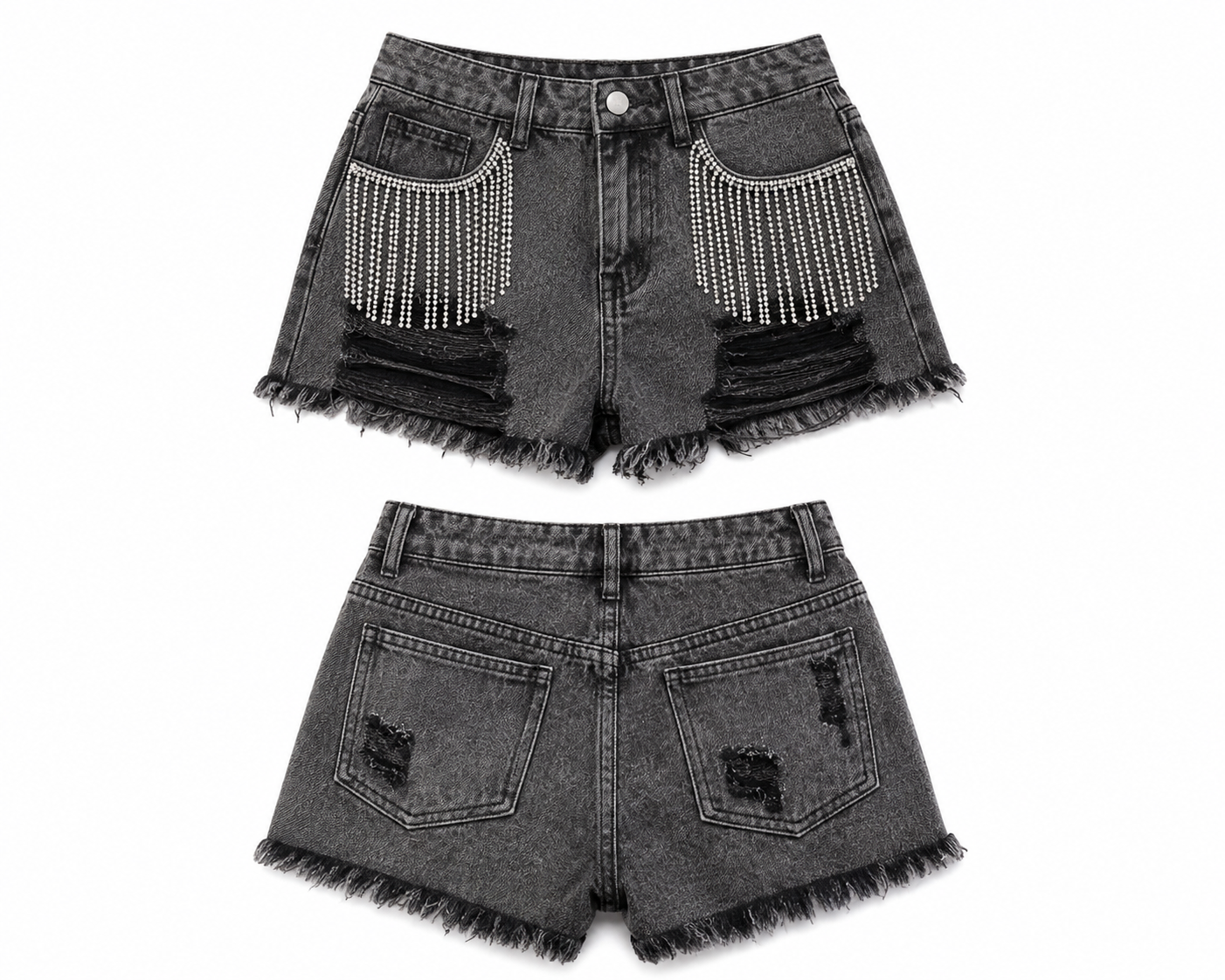 Black denim shorts with rhinestone embellishments on a white background