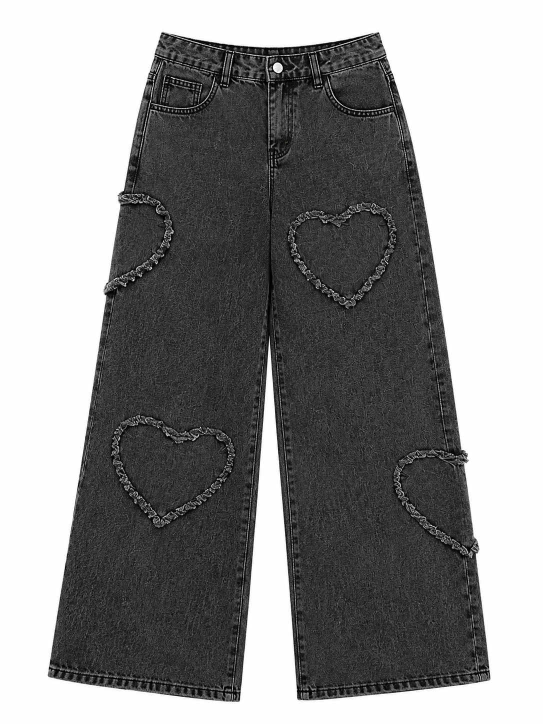 Black denim jeans with heart-shaped cutouts on a white background