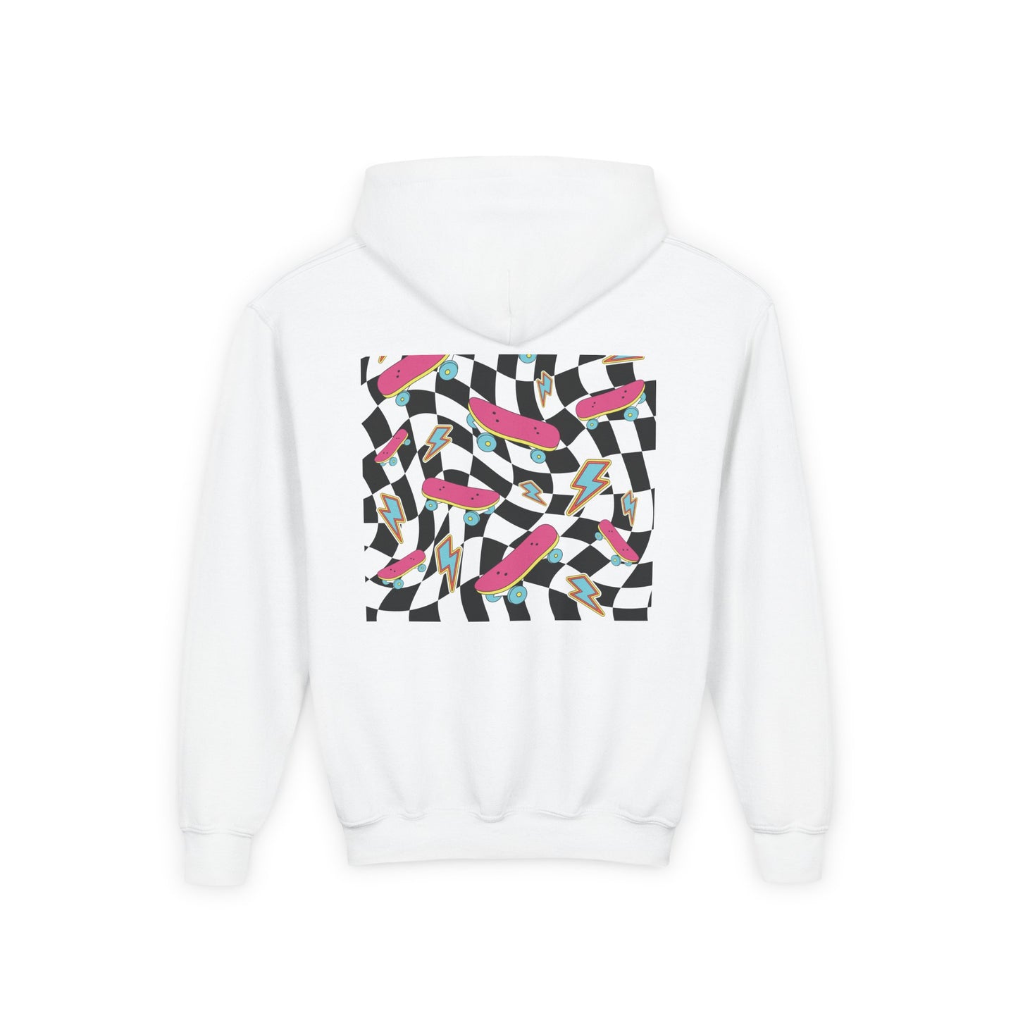 White hoodie with a colorful geometric pattern on the back against a white background