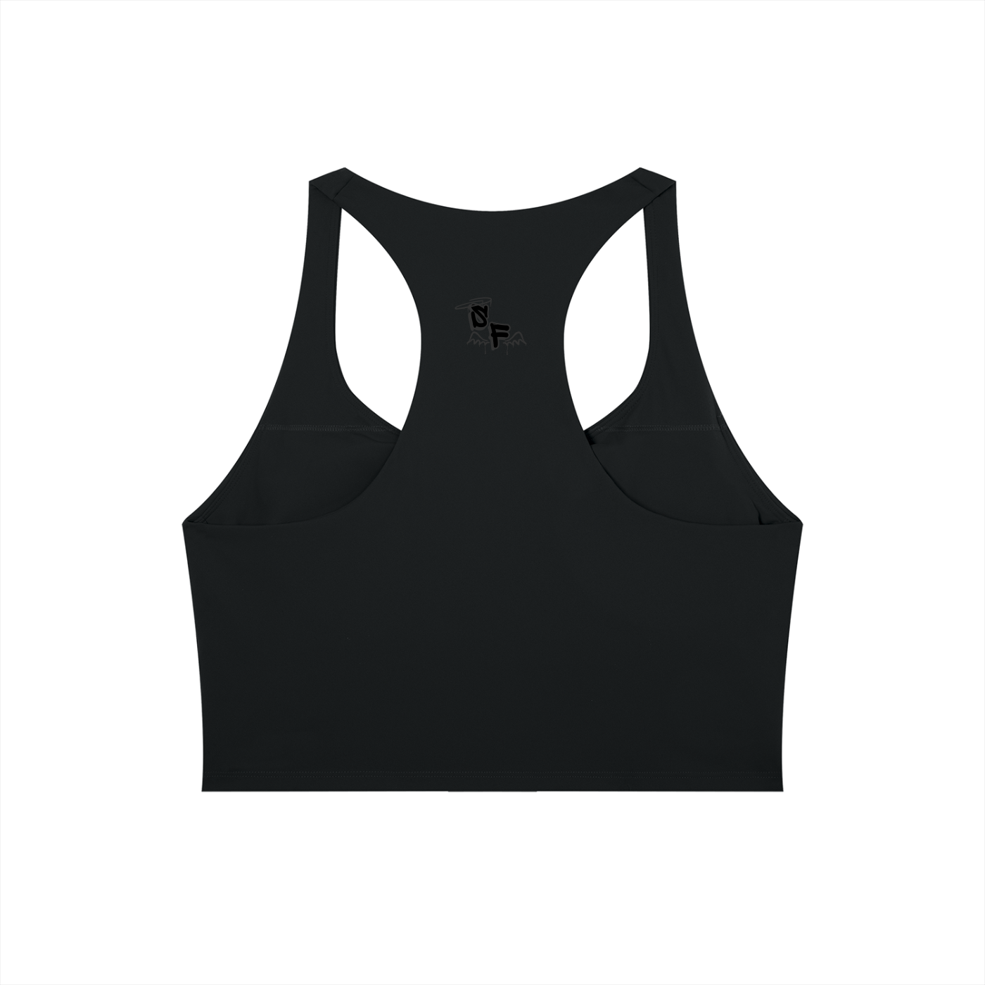 Black sports bra with a small logo on a white background