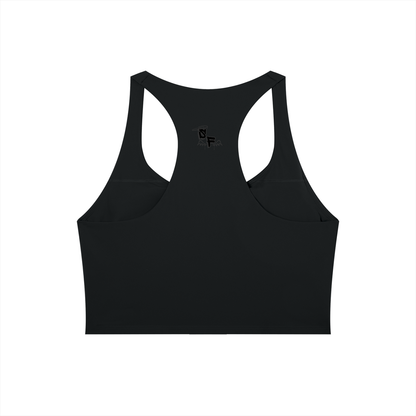 Black sports bra with a small logo on a white background