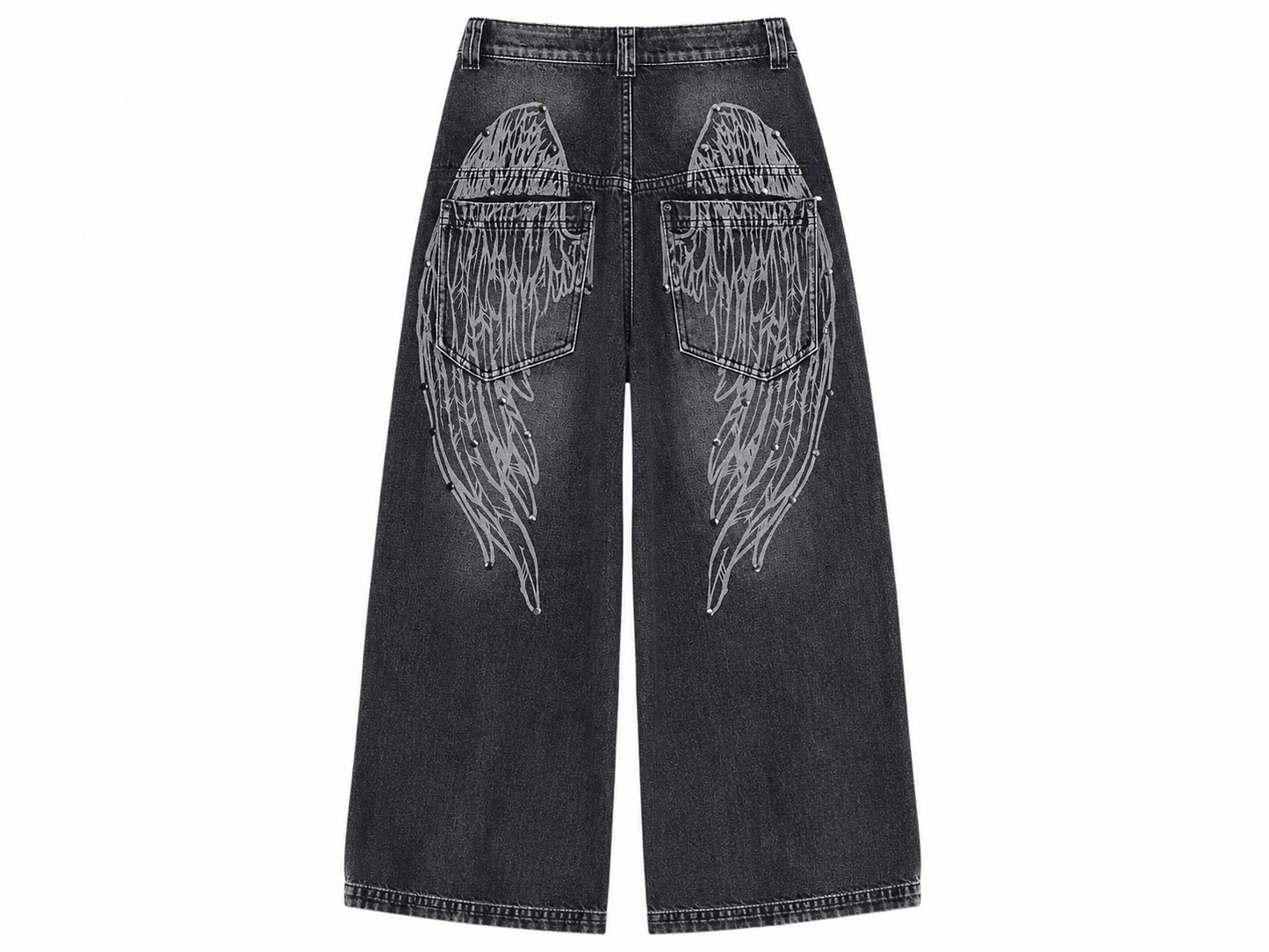 Black jeans with angel wing designs on a white background