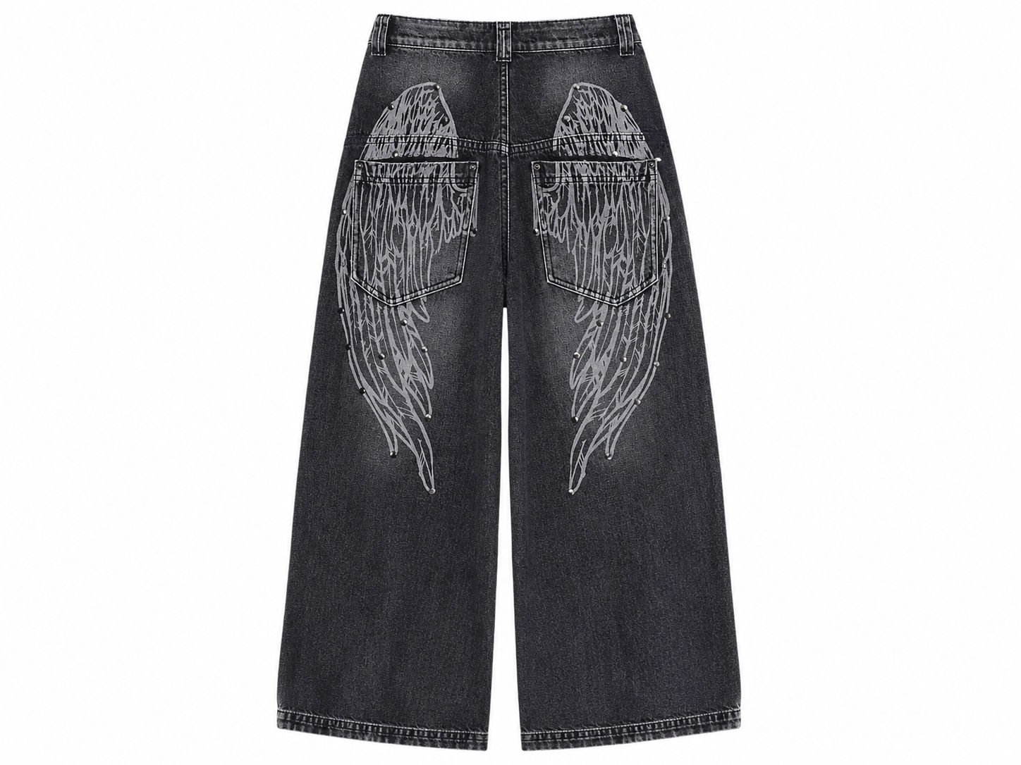 Black jeans with angel wing designs on a white background