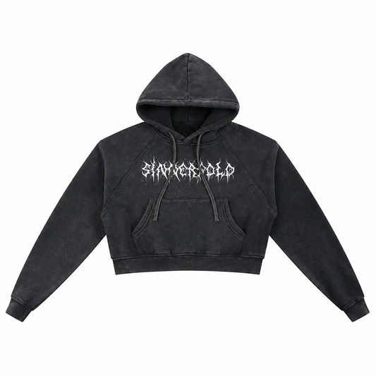 Black hoodie with white text on a white background