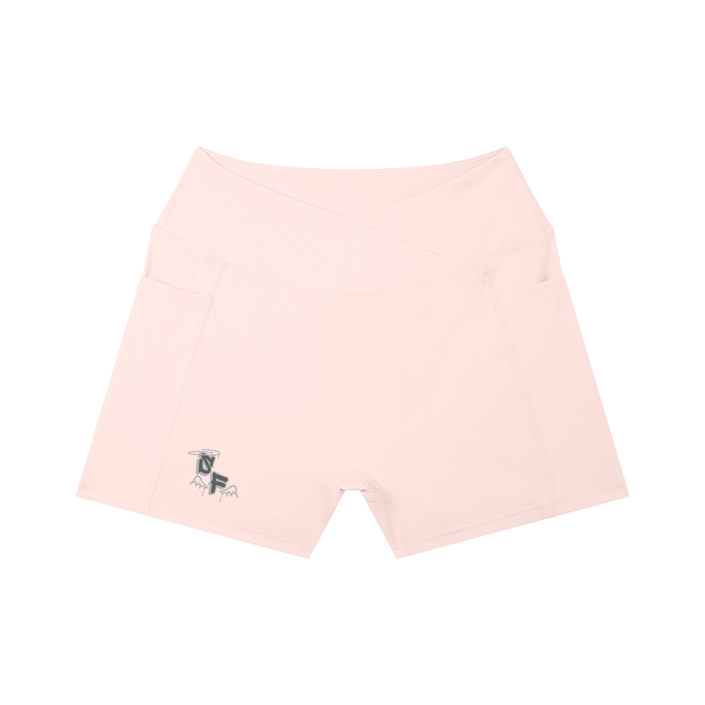 Pink shorts with a small logo on a white background