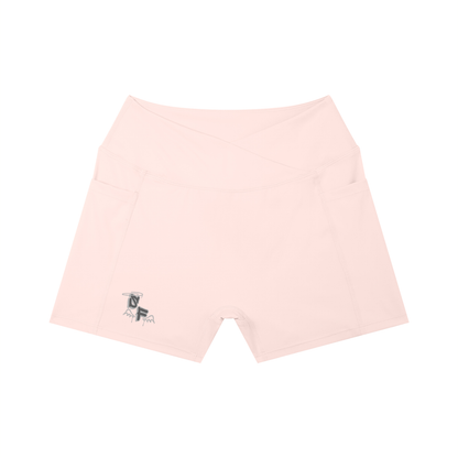 Pink shorts with a small logo on a white background