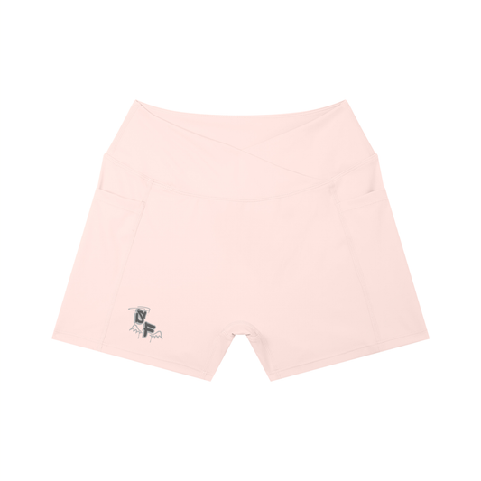 Pink shorts with a small logo on a white background