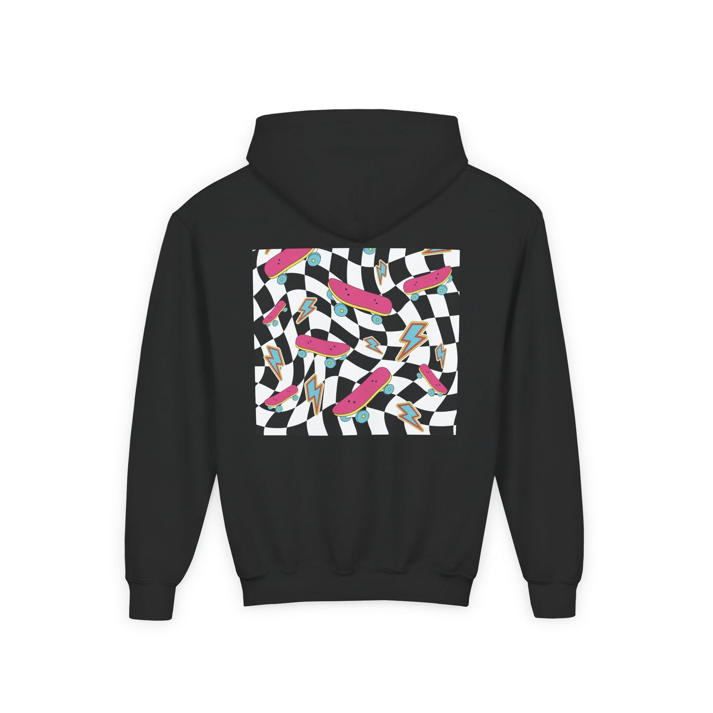 Black hoodie with a colorful geometric pattern on the back against a white background