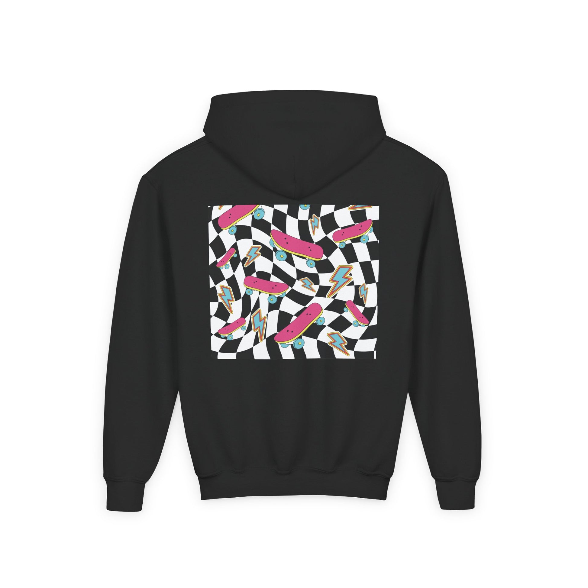 Black hoodie with a colorful geometric pattern on the back against a white background