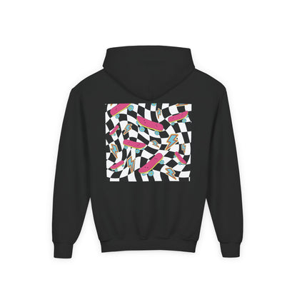 Black hoodie with a colorful geometric pattern on the back against a white background