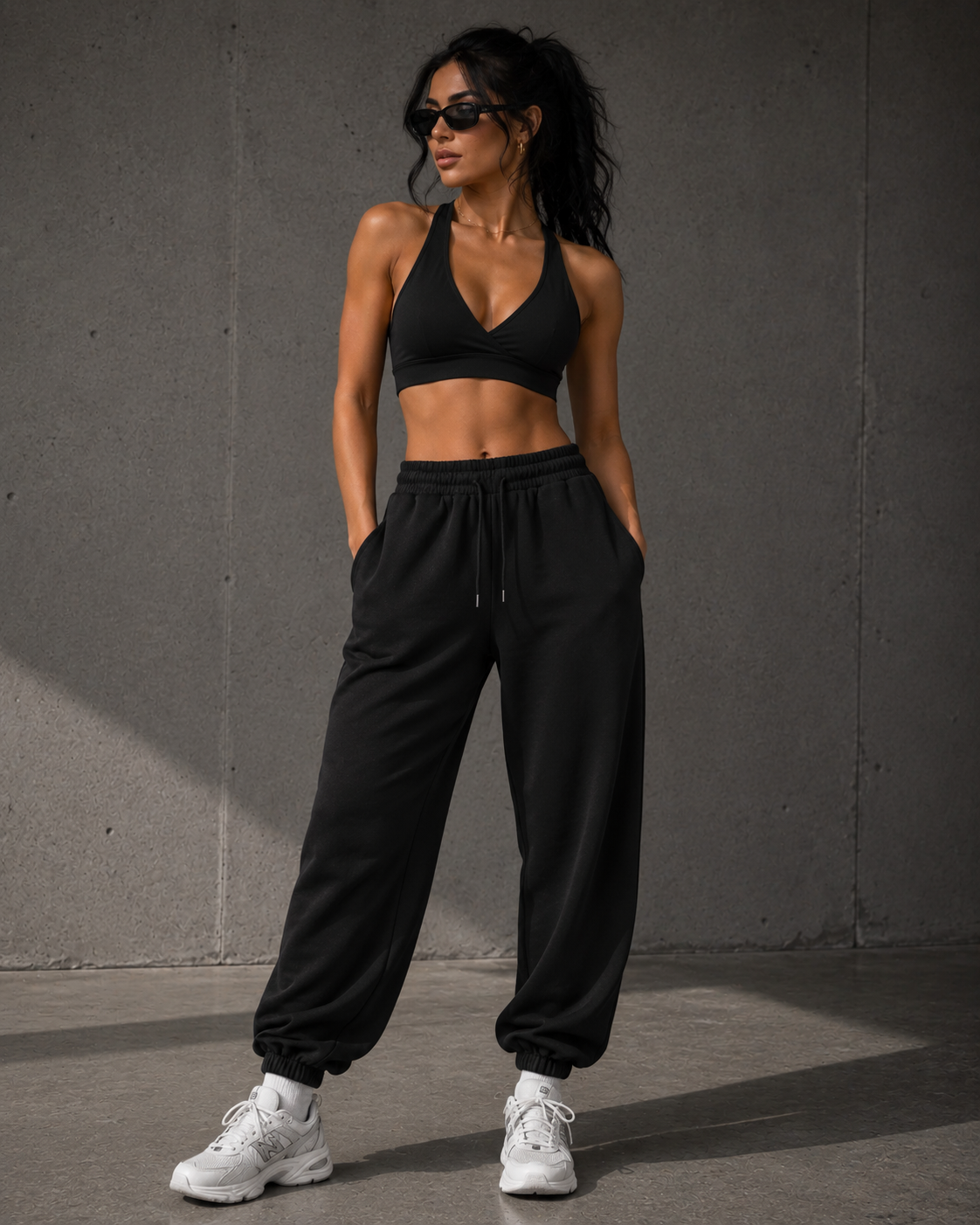 Woman wearing a black athletic outfit with white sneakers against a gray wall.