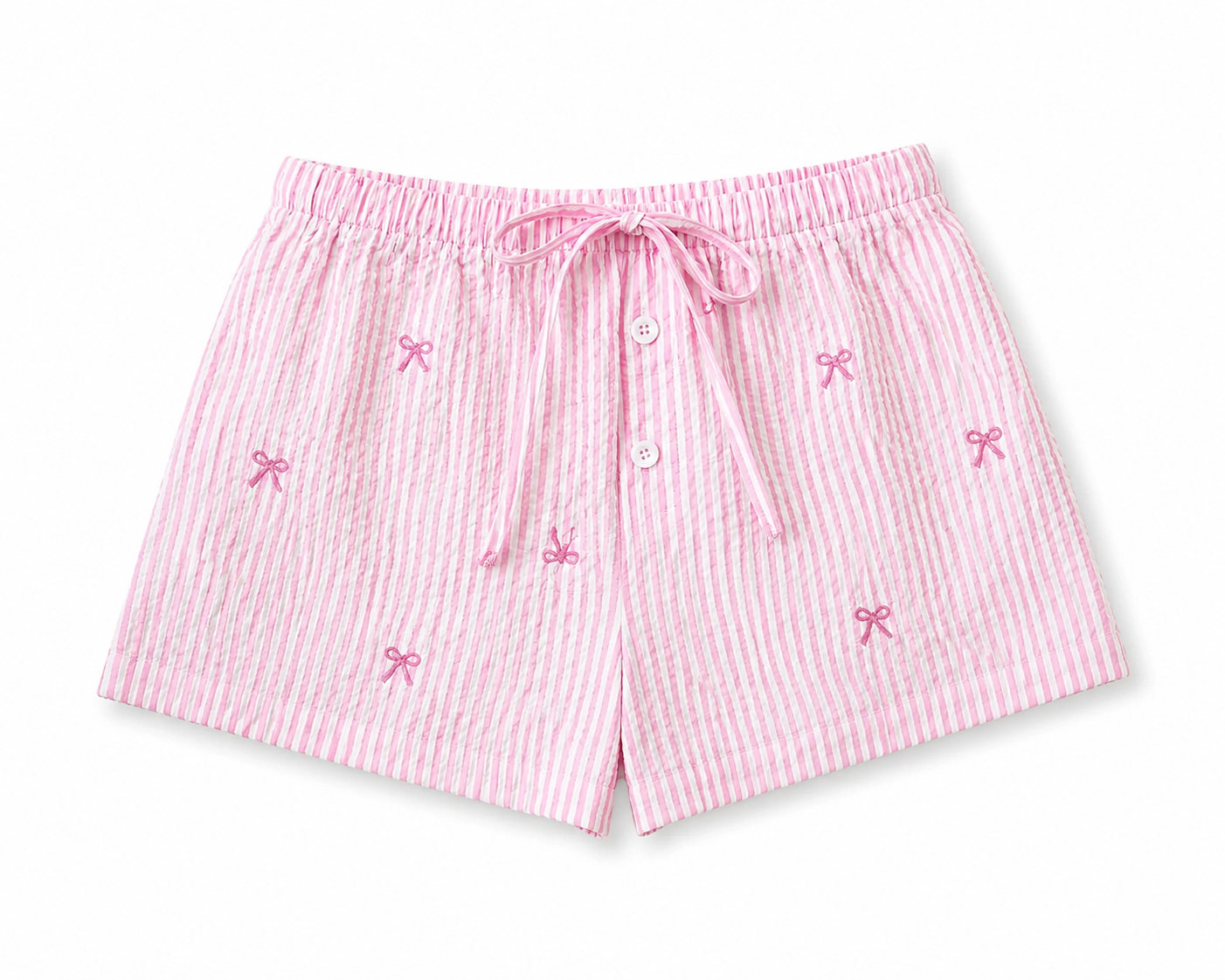 Pink striped shorts with bow details on a white background