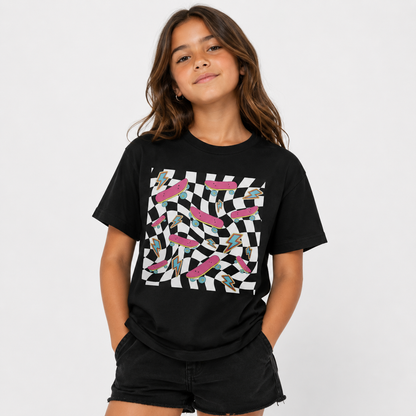 Person wearing a black t-shirt with a colorful geometric pattern on a white background