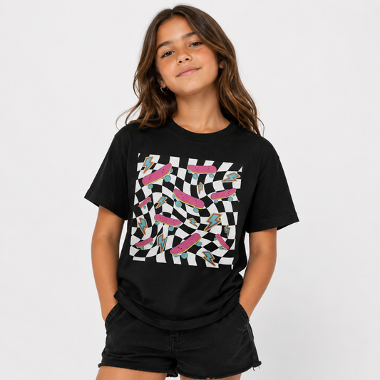 Person wearing a black t-shirt with a colorful geometric pattern on a white background