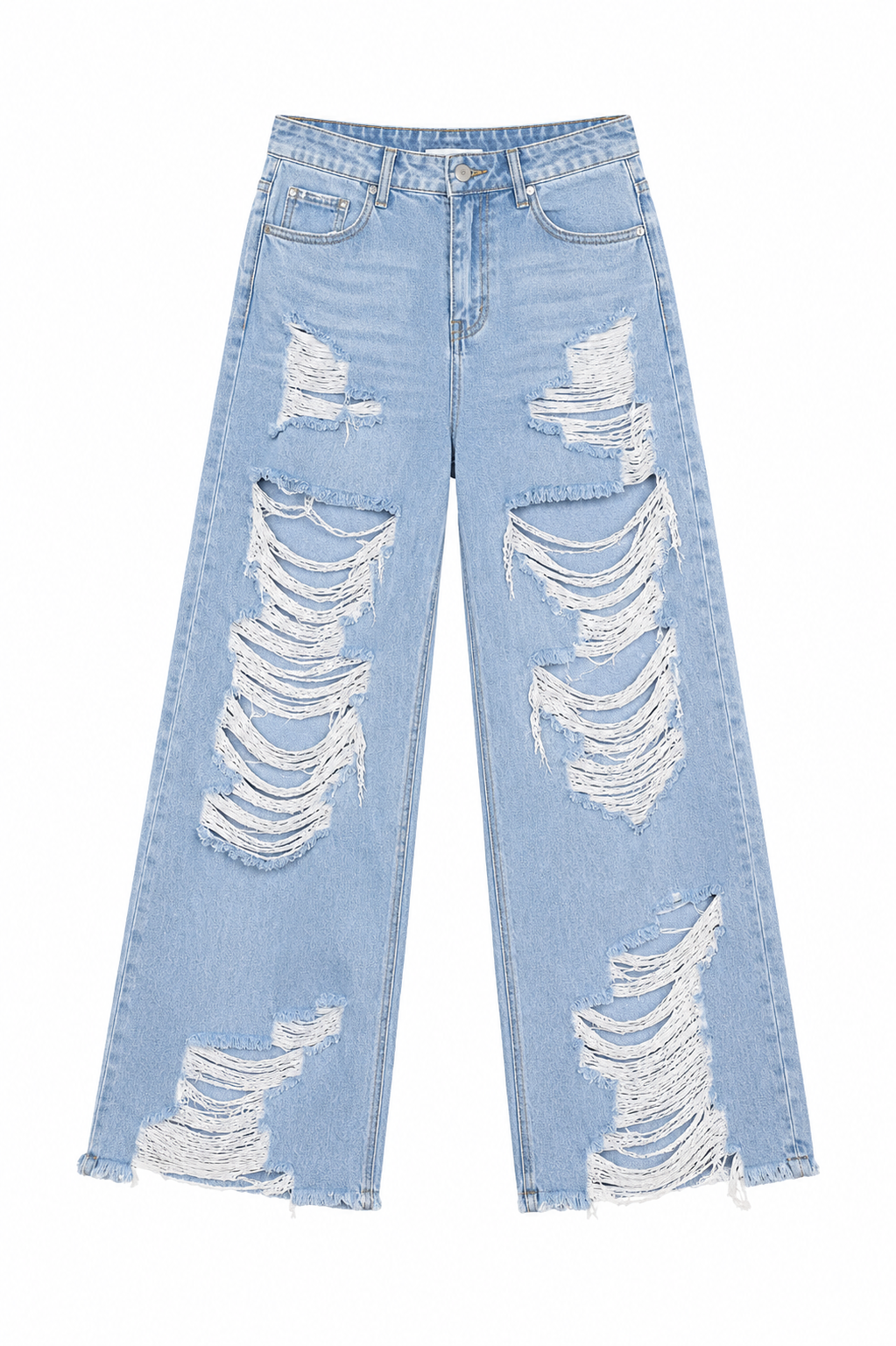 Light blue distressed jeans on a white background