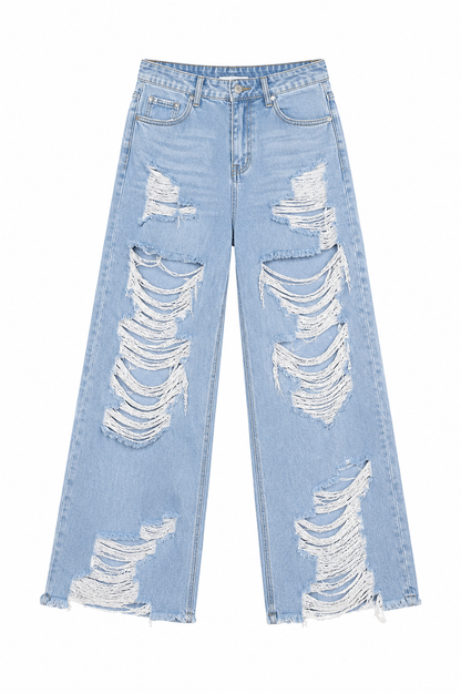 Light blue distressed jeans on a white background