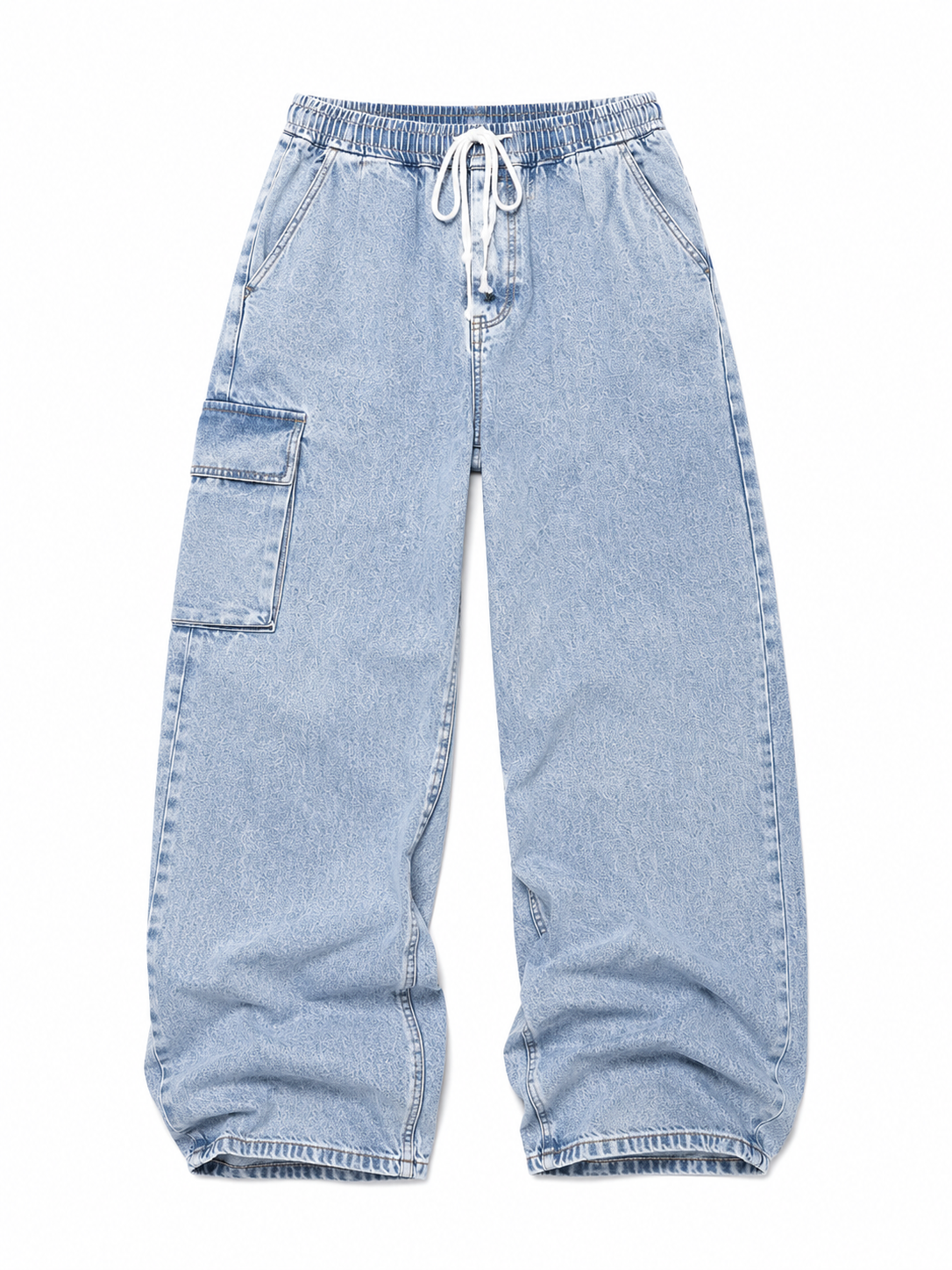Light blue denim cargo pants on a white background