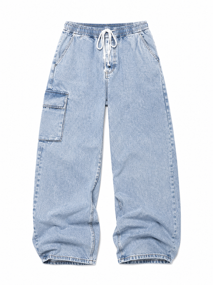 Light blue denim cargo pants on a white background