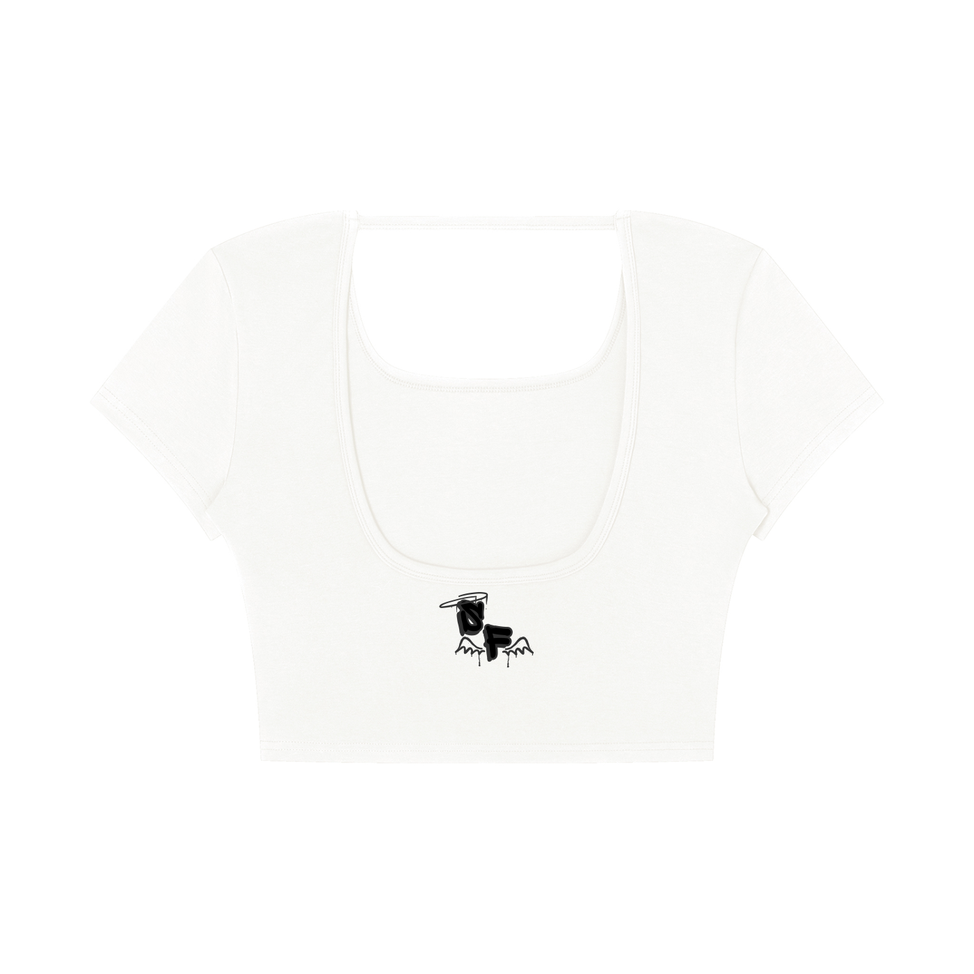 White tank top with a black graphic design on a white background