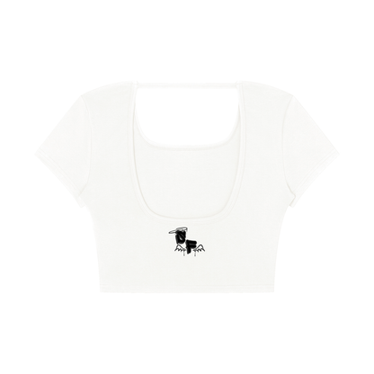 White tank top with a black graphic design on a white background