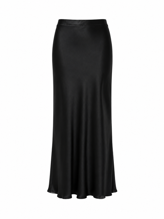 Black satin skirt on a white background