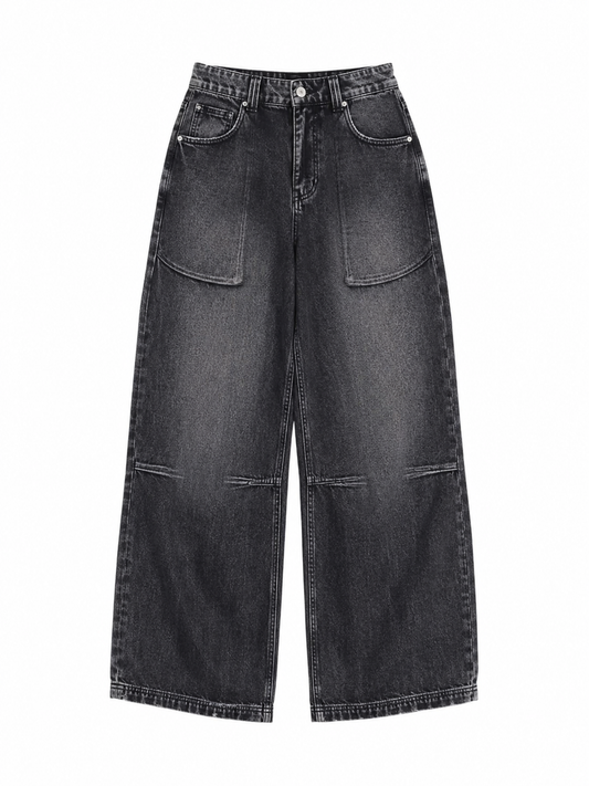 Black wide-leg jeans on a white background