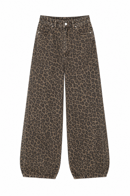 Leopard print jeans on a white background
