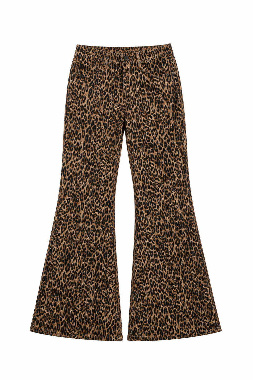 Leopard print flared pants on a white background