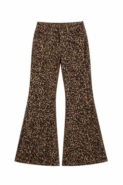 Leopard print flared pants on a white background
