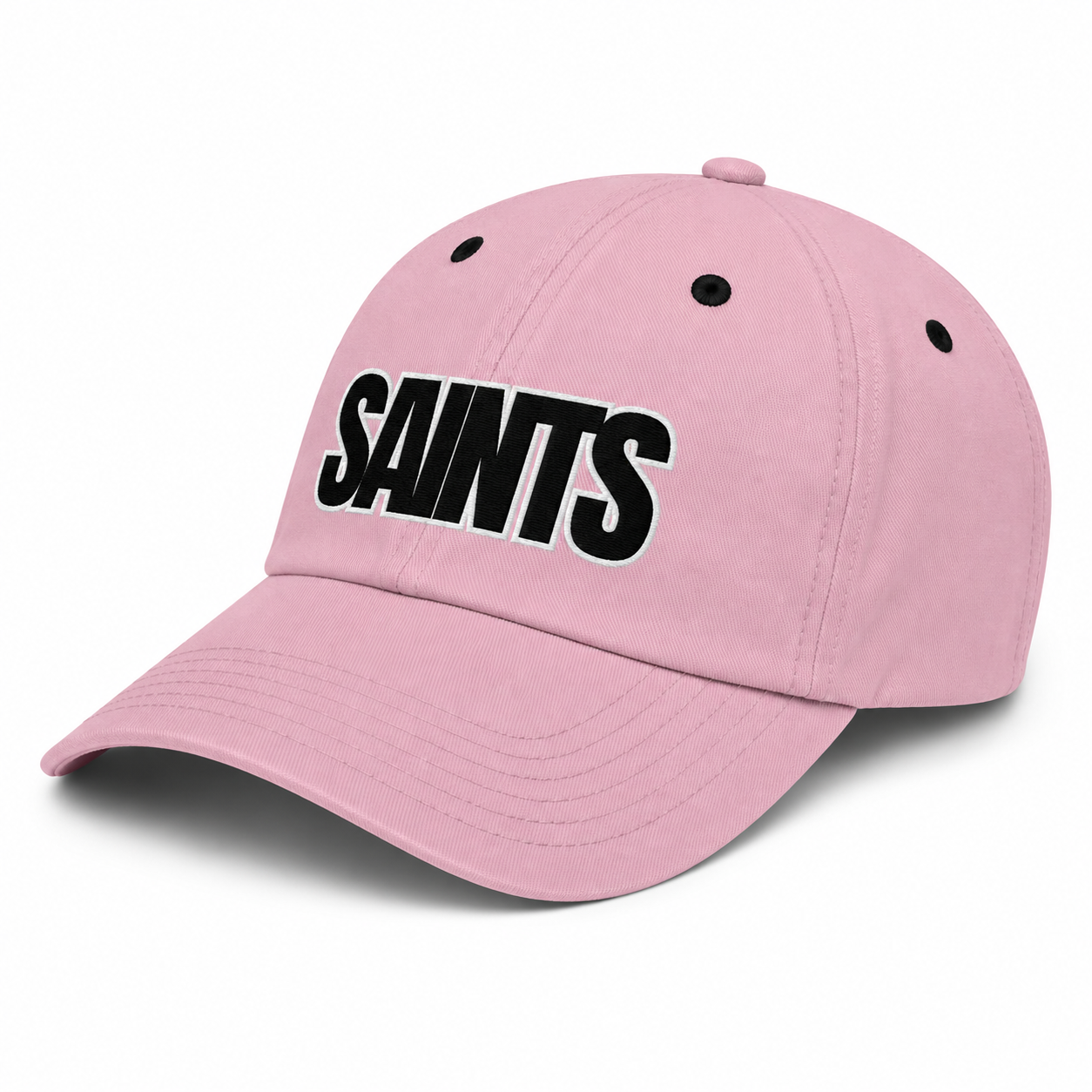 pink saints cap featuring embroidery in black and white