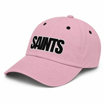 pink saints cap featuring embroidery in black and white