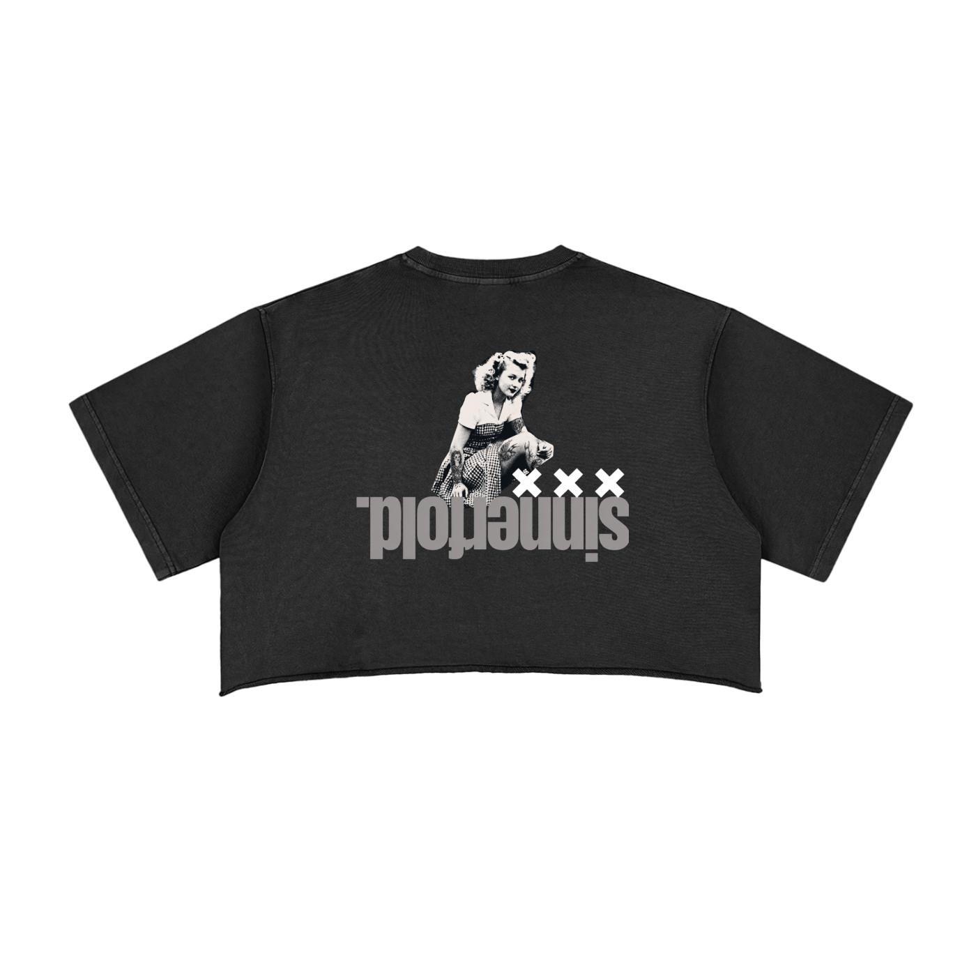 Black crop top with graphic design and text on a white background