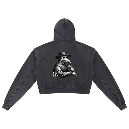 Black hoodie with a graphic design on the back against a white background