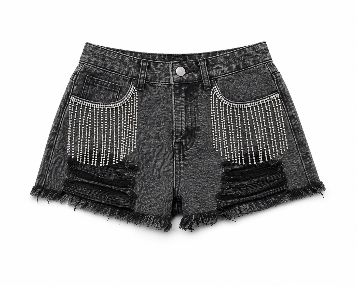 Black denim shorts with rhinestone embellishments on a white background