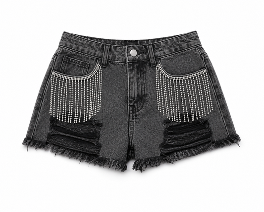 Black denim shorts with rhinestone embellishments on a white background