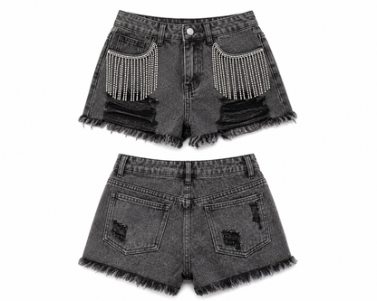 Black denim shorts with rhinestone embellishments on a white background