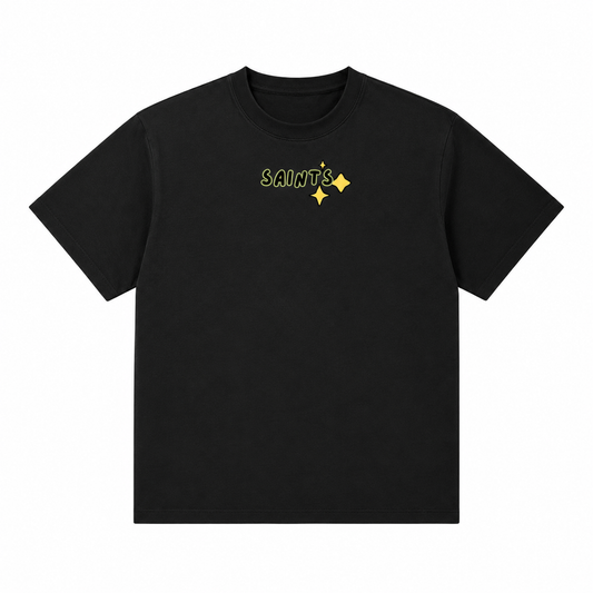 Black t-shirt with 'SAINTS' logo on a white background