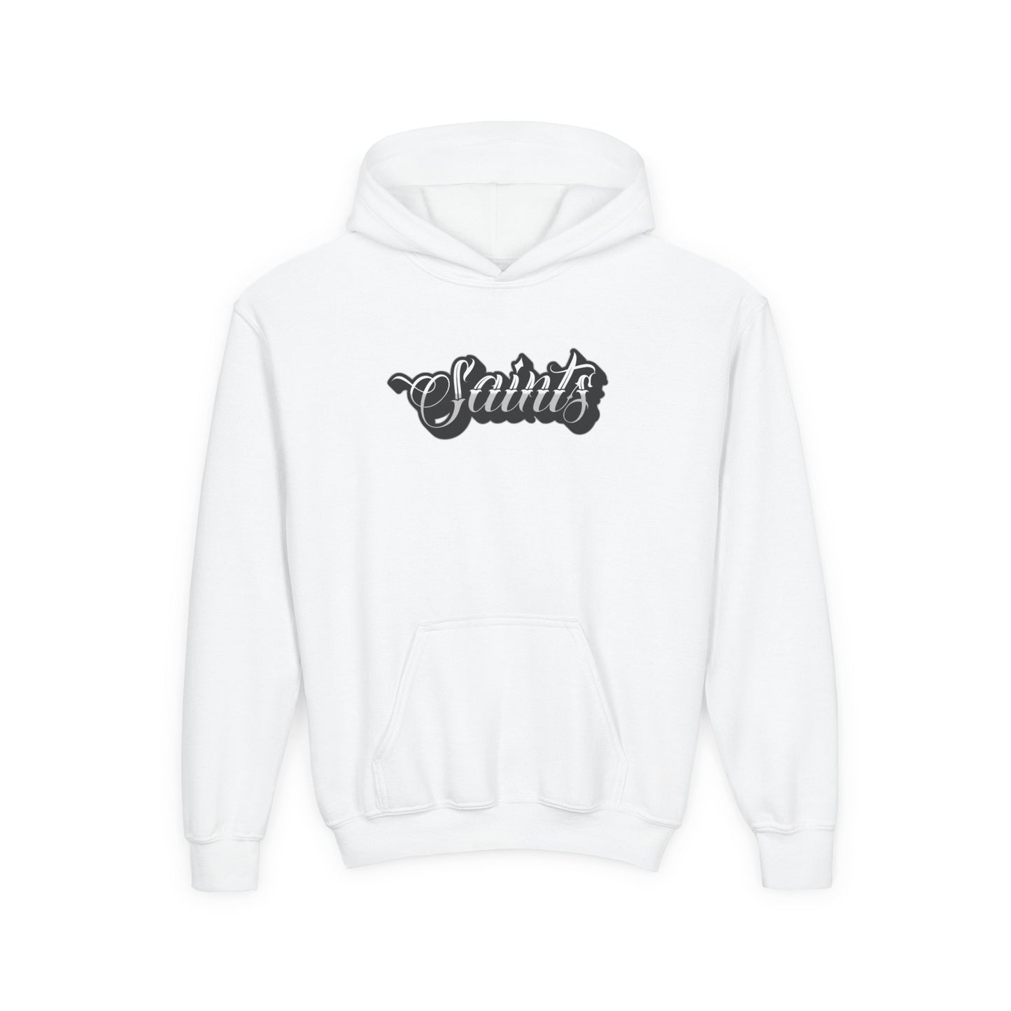 White hoodie with 'Saints' text on a white background