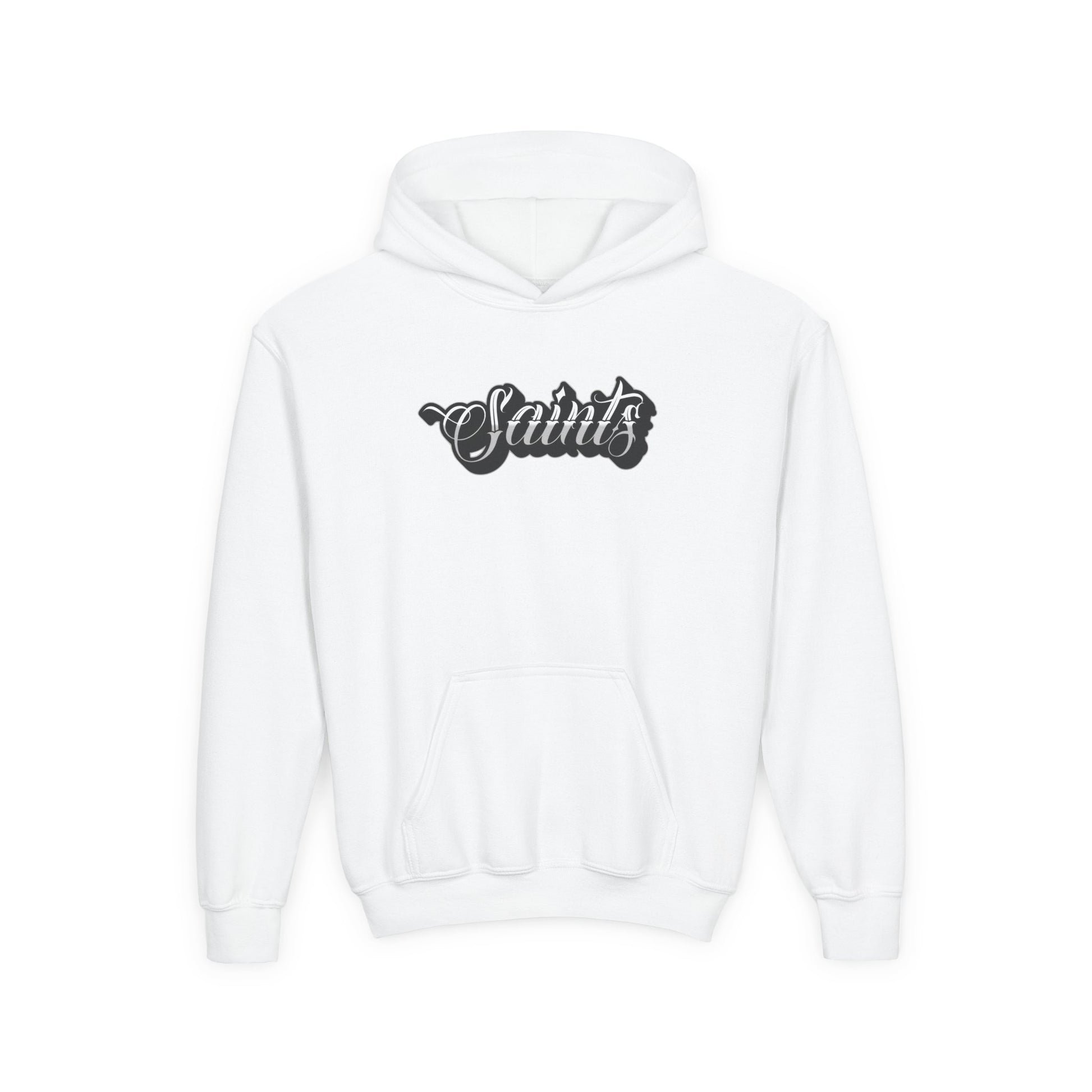 White hoodie with 'Saints' text on a white background