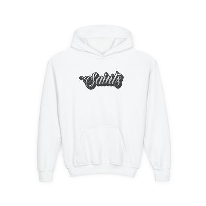 White hoodie with 'Saints' text on a white background