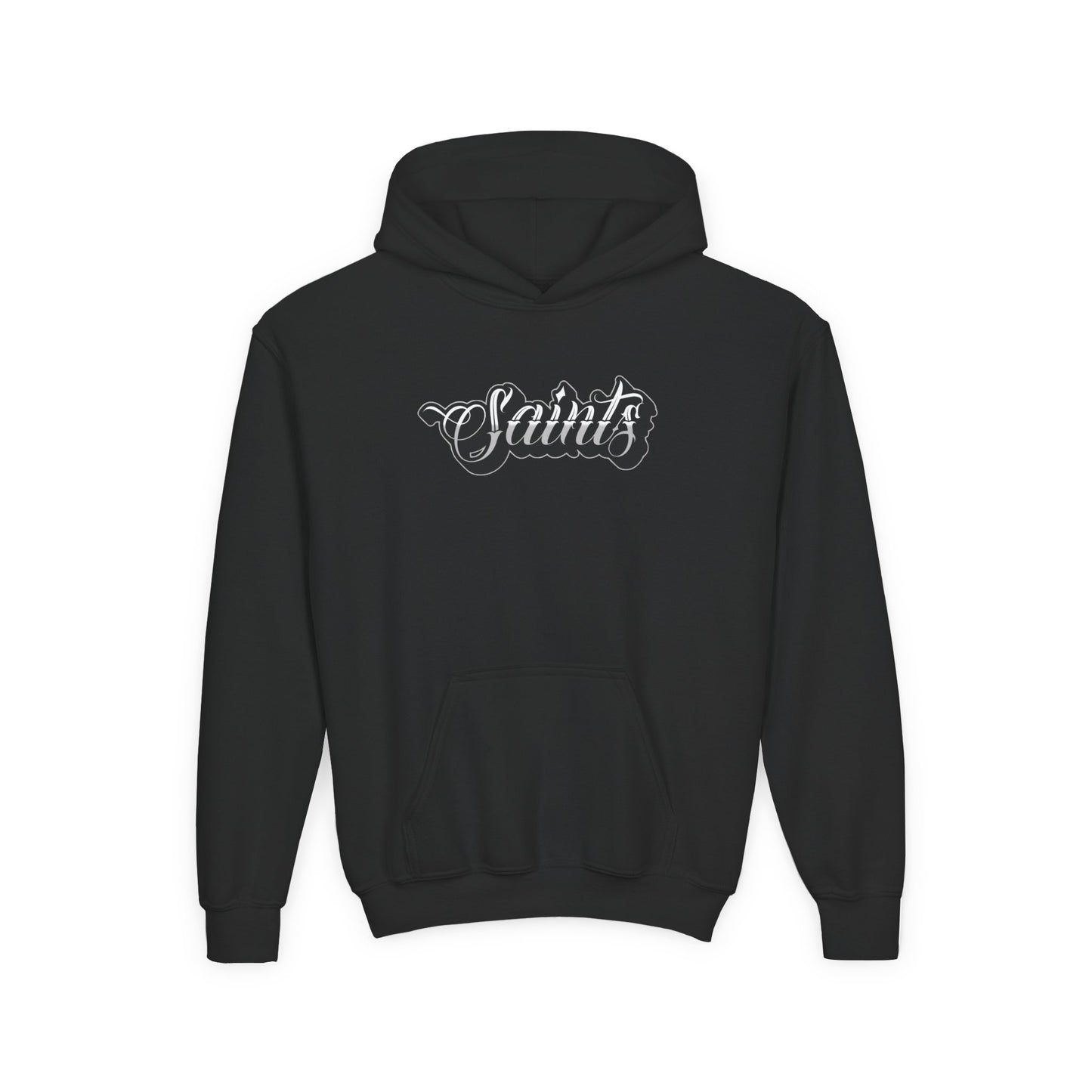 Black hoodie with 'Saints' text and graphic on a white background