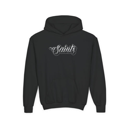 Black hoodie with 'Saints' text and graphic on a white background