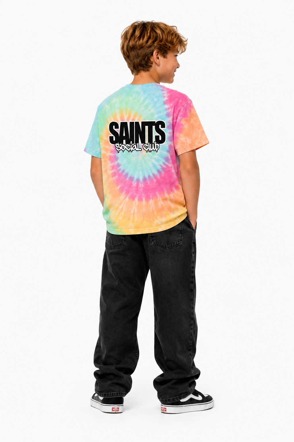 Person wearing a tie-dye shirt with 'SAINTS' text on the back, standing against a white background