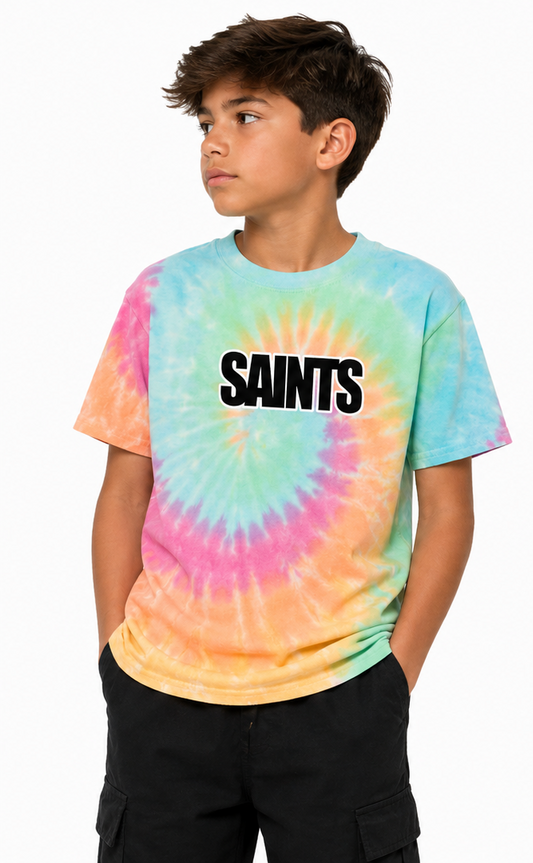 Two children wearing tie-dye t-shirts with 'SAINTS' branding on a white background