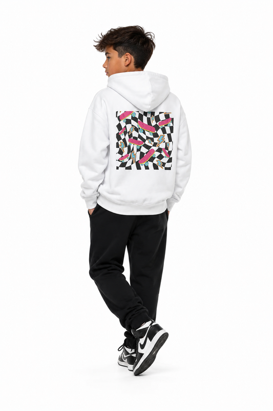 Person wearing a white hoodie with a geometric pattern on the back, standing against a white background
