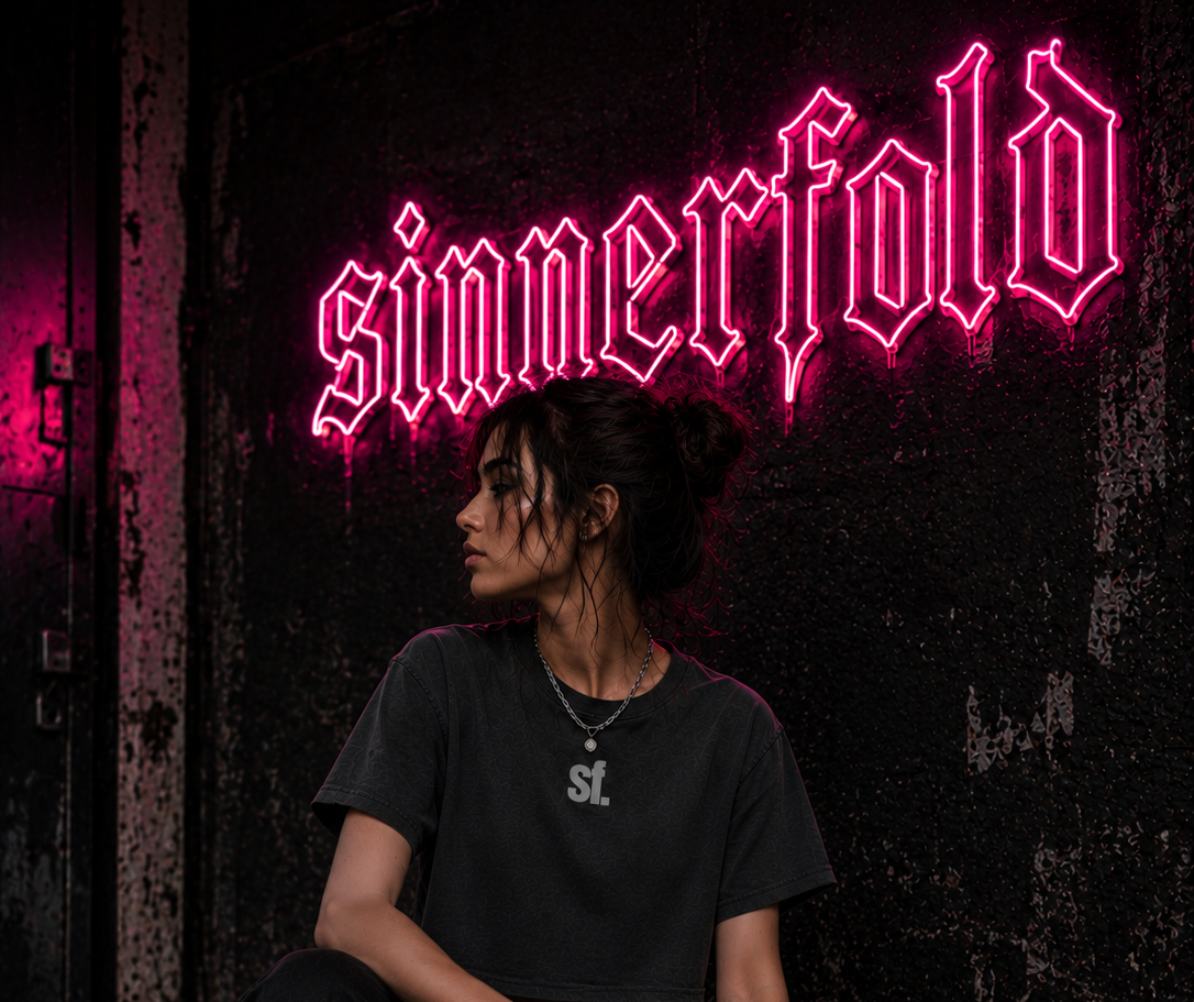alternative model in sinnerfold women's crop top with grungy aesthetic background with neon sign