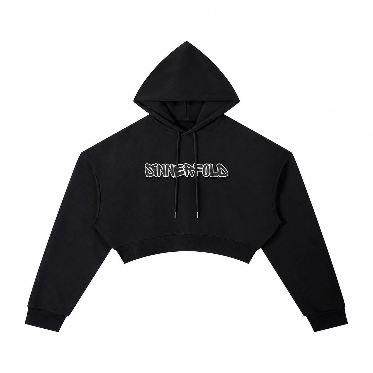 black cropped hoodie with white letters in graffiti